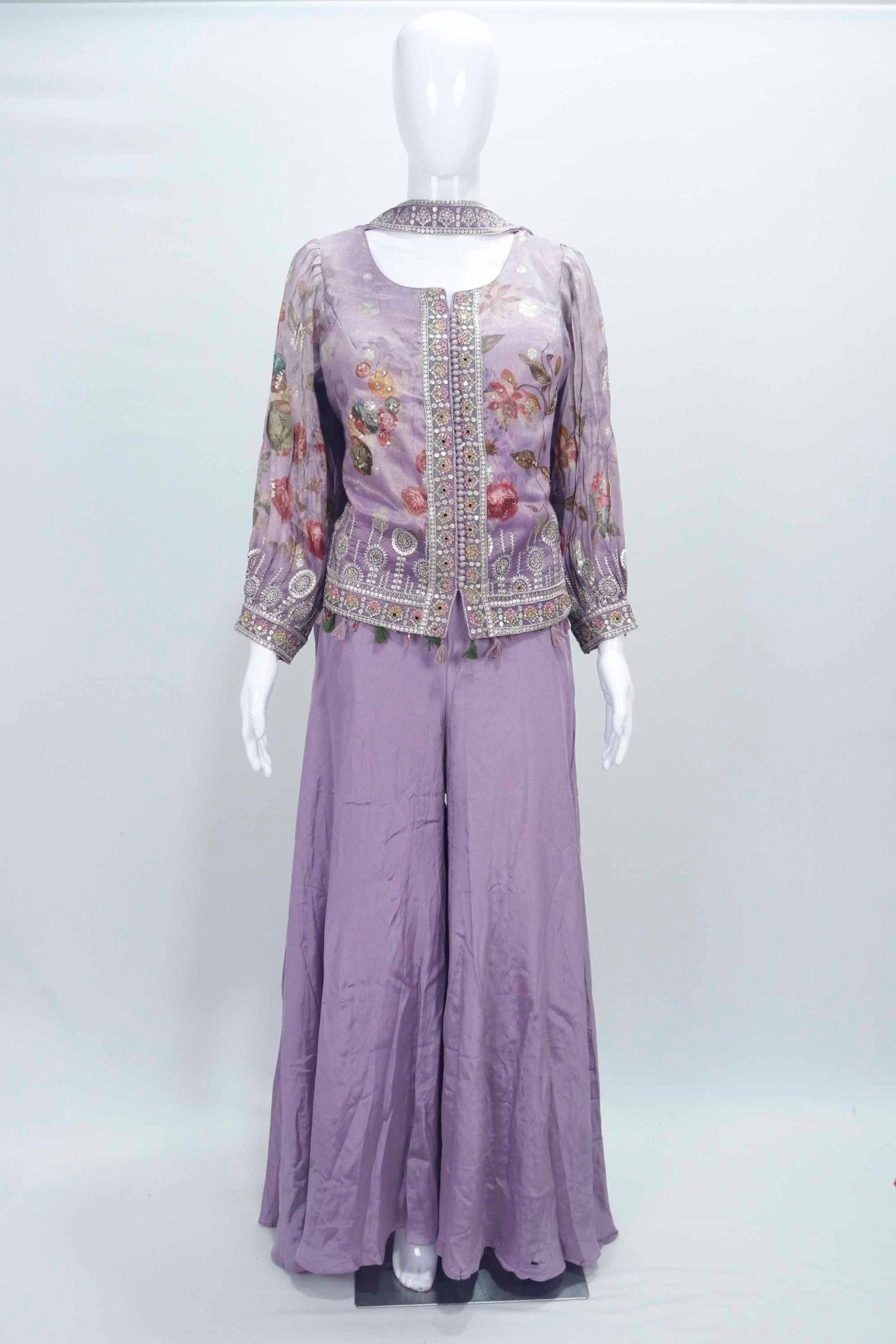 Lavender Floral Embroidered Indo - Western Jacket Top with Flared Palazzo Pants for Women - Mangaldeep NX