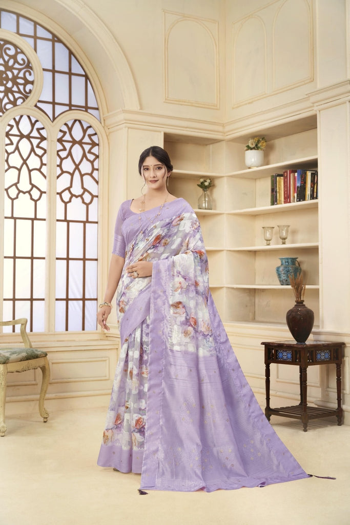 Lavender Floral Printed Linen Silk Saree with Subtle Zari Detailing and Blouse Piece - Mangaldeep NX