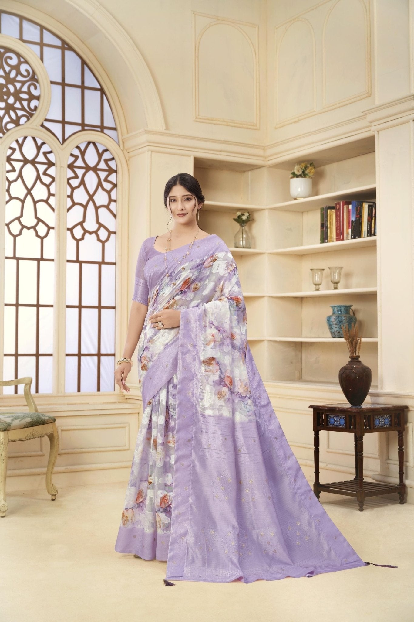 Lavender Floral Printed Linen Silk Saree with Subtle Zari Detailing and Blouse Piece - Mangaldeep NX