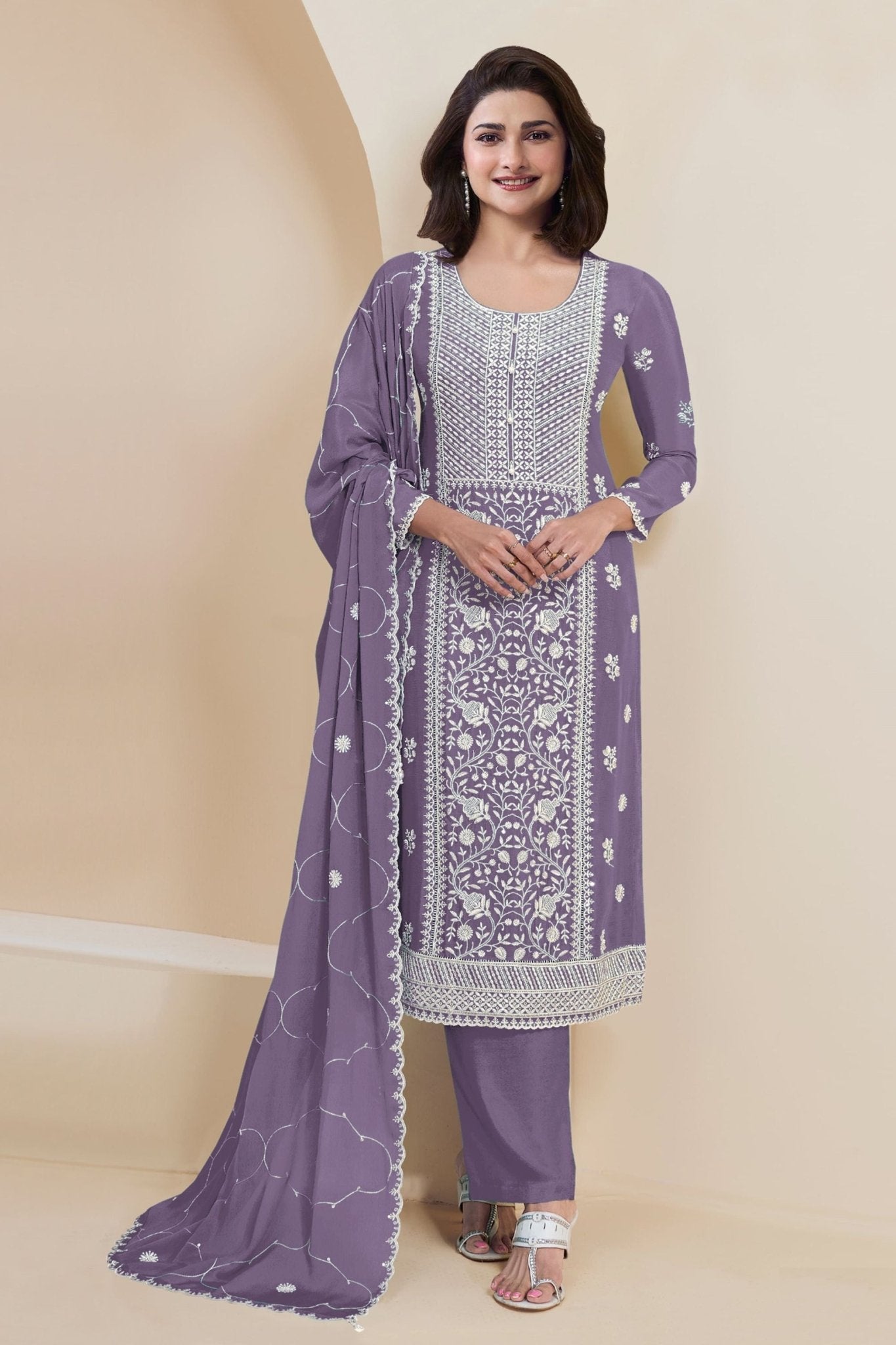 Lavender Georgette Straight Cut Salwar Kameez - Mangaldeep NX