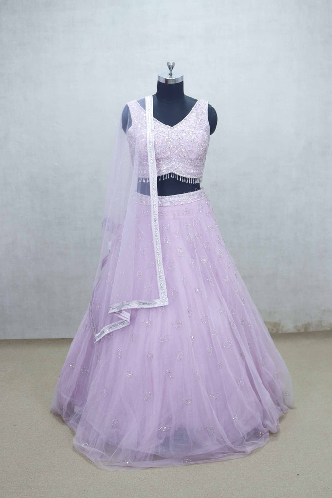Lavender Net Embroidered Lehenga Choli with Sequin Beaded Blouse and Sheer Dupatta - Mangaldeep NX