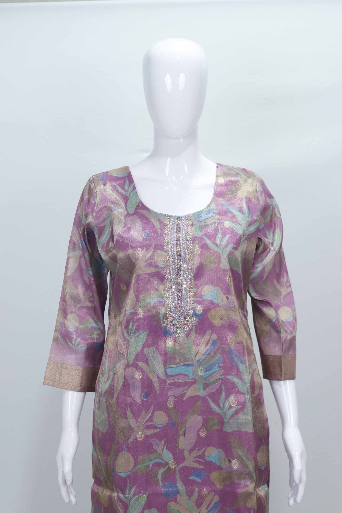 Lavender Printed Silk Suit with Embellished Neckline and Organza Dupatta. - Mangaldeep NX