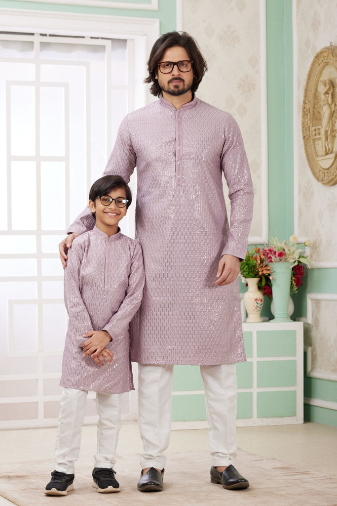 Lavender Sequin Festive Wear Kurta Set for Father and Son - Mangaldeep NX