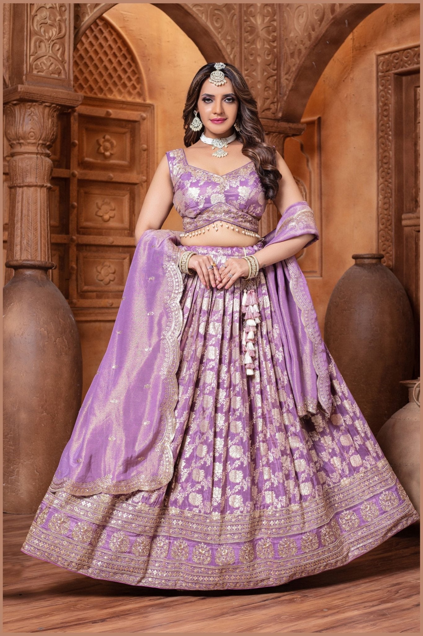 Lavender Silk Bridal Lehenga Choli with Zari and Sequin Embroidery - Mangaldeep NX