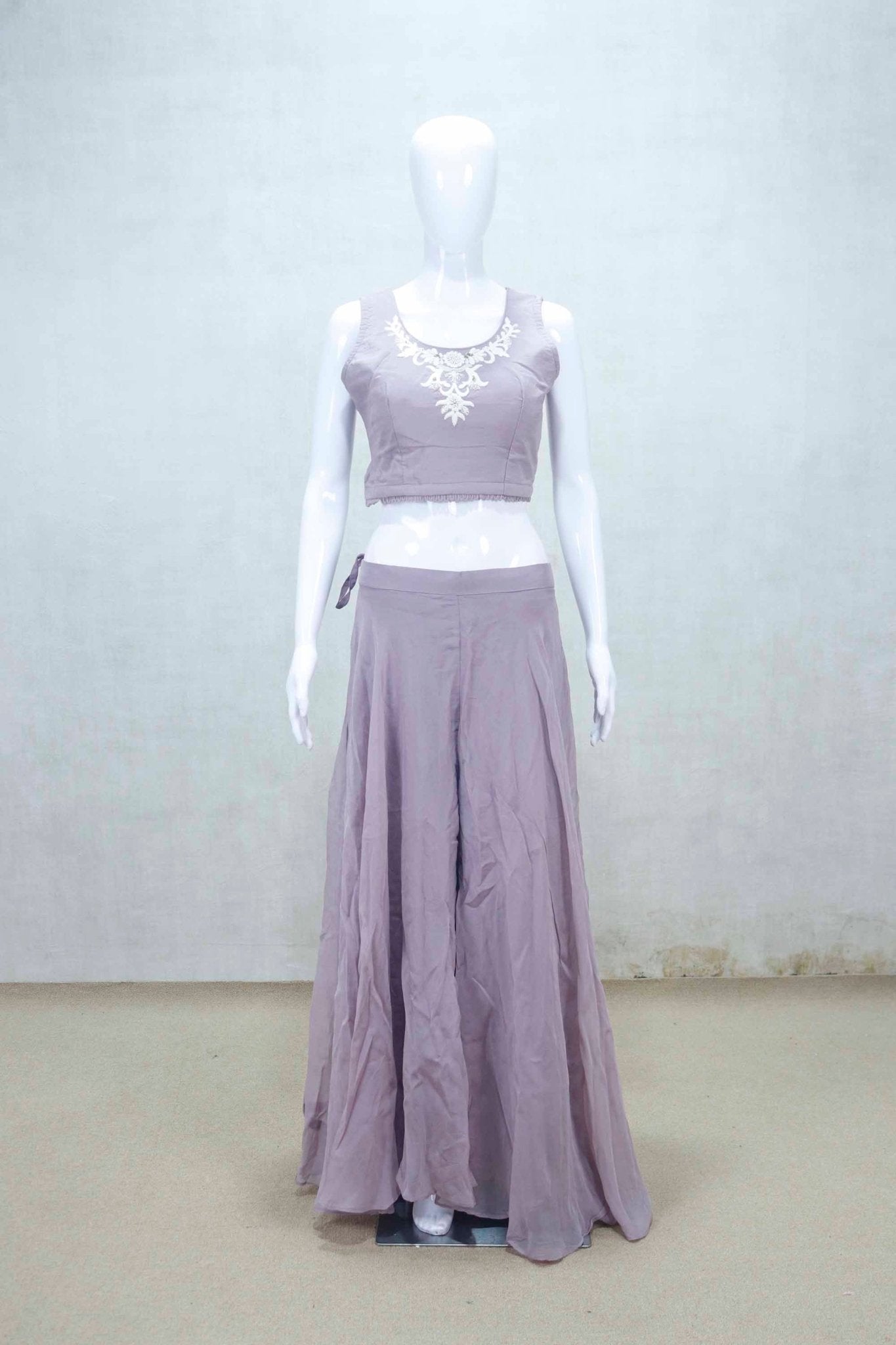 Lavender Silk Crop Top Sharara Set with Embroidered Jacket - Mangaldeep NX