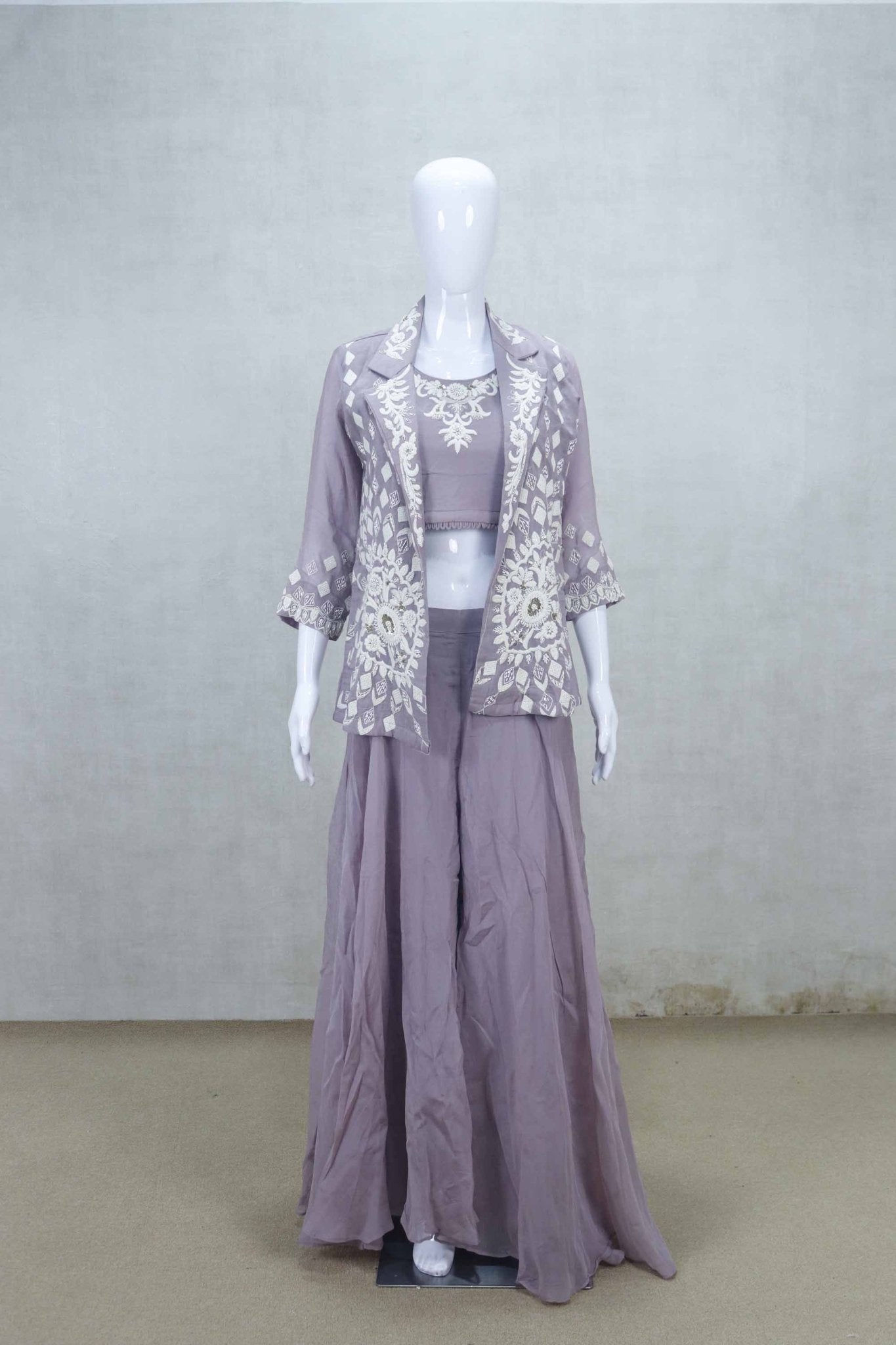 Lavender Silk Crop Top Sharara Set with Embroidered Jacket - Mangaldeep NX