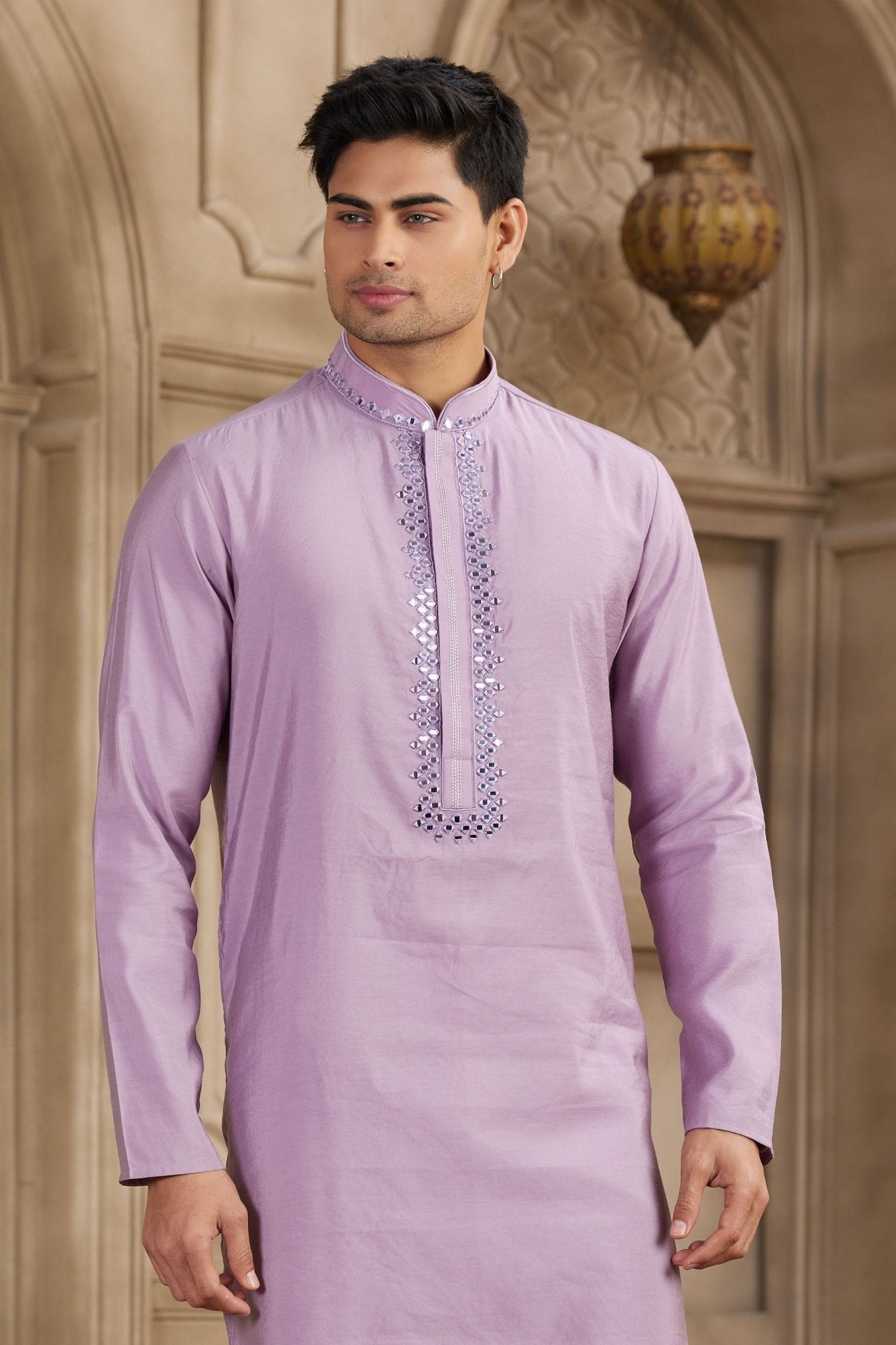 Lavender Silk Kurta Pyjama Set for Men with Mirror Embellished Placket - Mangaldeep NX