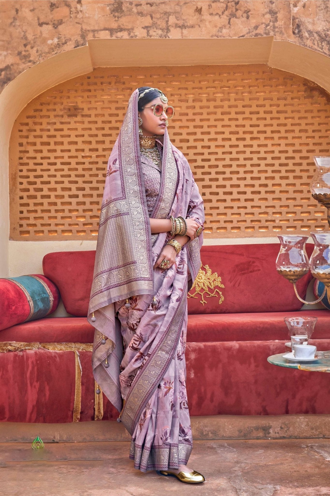 Lavender Silk Saree with Floral Print and Zari Border - Mangaldeep NX