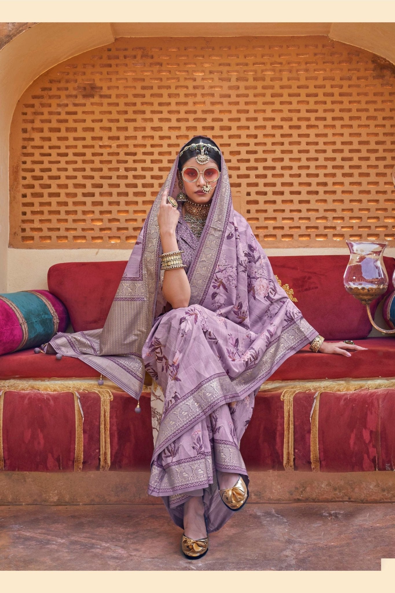 Lavender Silk Saree with Floral Print and Zari Border - Mangaldeep NX