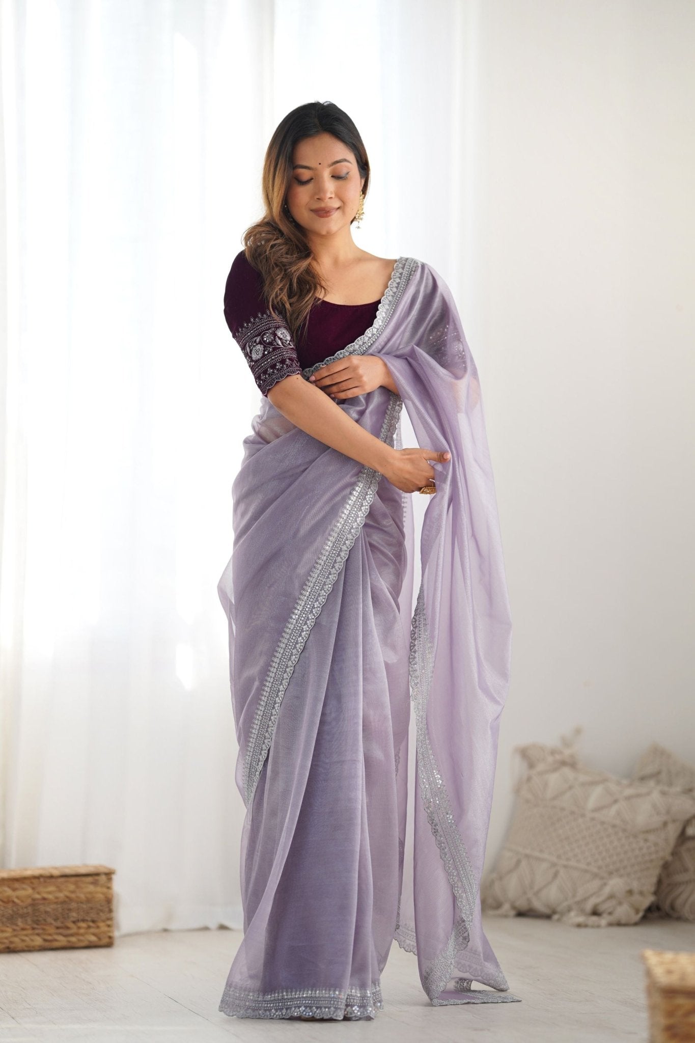 Lavender Twill Net Saree with Silver Sequin Border and Maroon Velvet Blouse - Mangaldeep NX