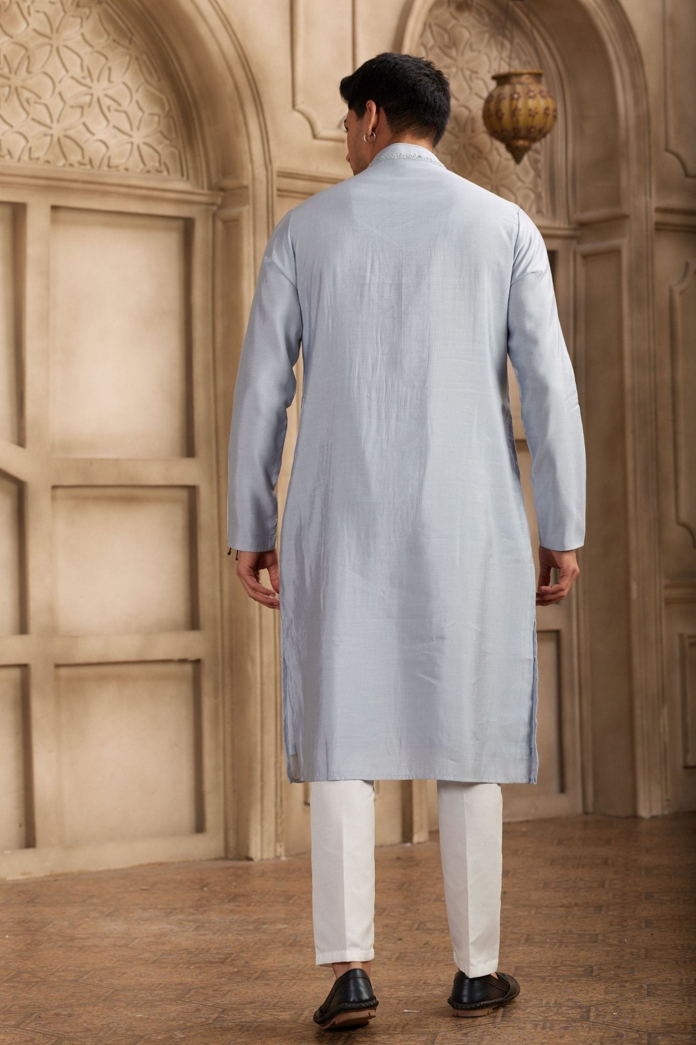 Light Blue Silk Kurta Pyjama Set for Men with Mirror Work Placket - Mangaldeep NX