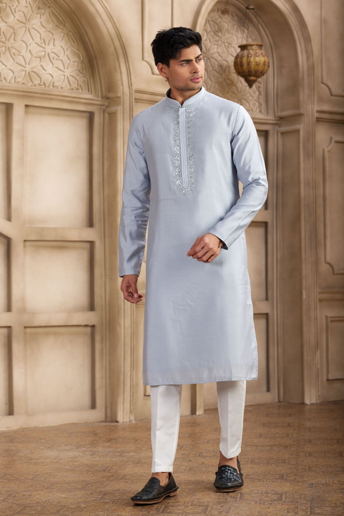 Light Blue Silk Kurta Pyjama Set for Men with Mirror Work Placket - Mangaldeep NX