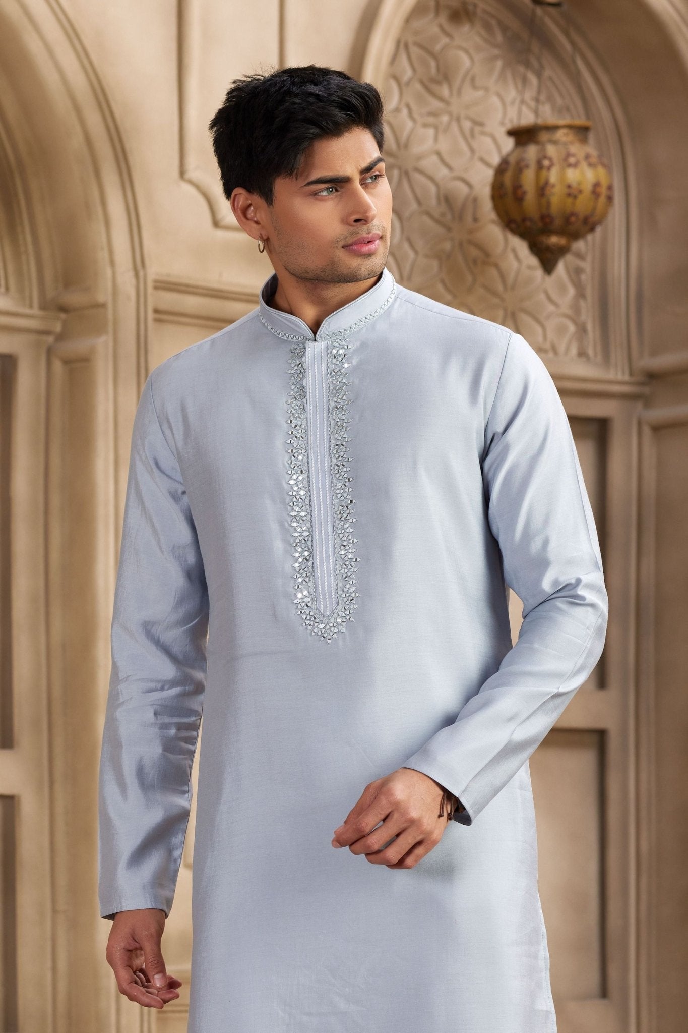 Light Blue Silk Kurta Pyjama Set for Men with Mirror Work Placket - Mangaldeep NX