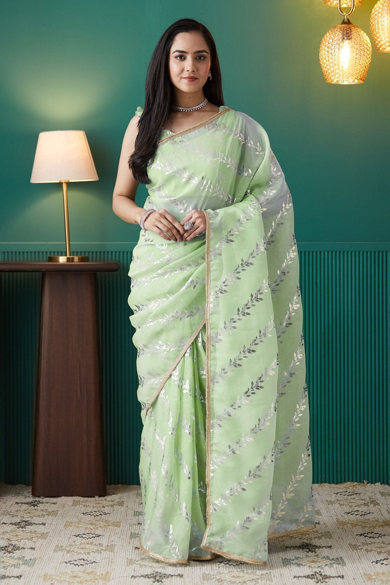 Light Green Organza Saree with Gold Leaf Vine Print and Sequin Lace Border - Mangaldeep NX