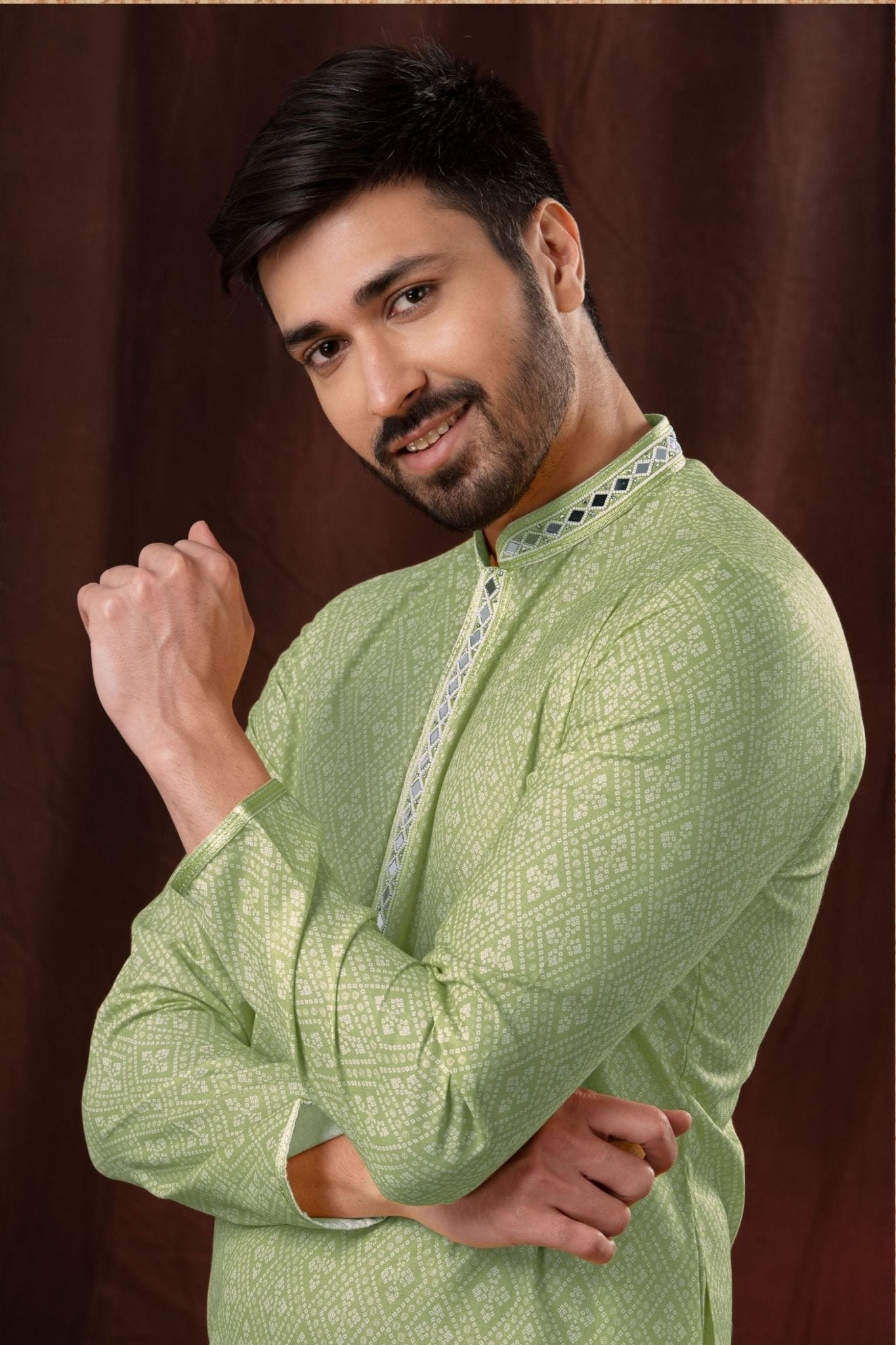 Light Green Printed Art Silk Kurta for Men with Off - White Pyjama - Mangaldeep NX