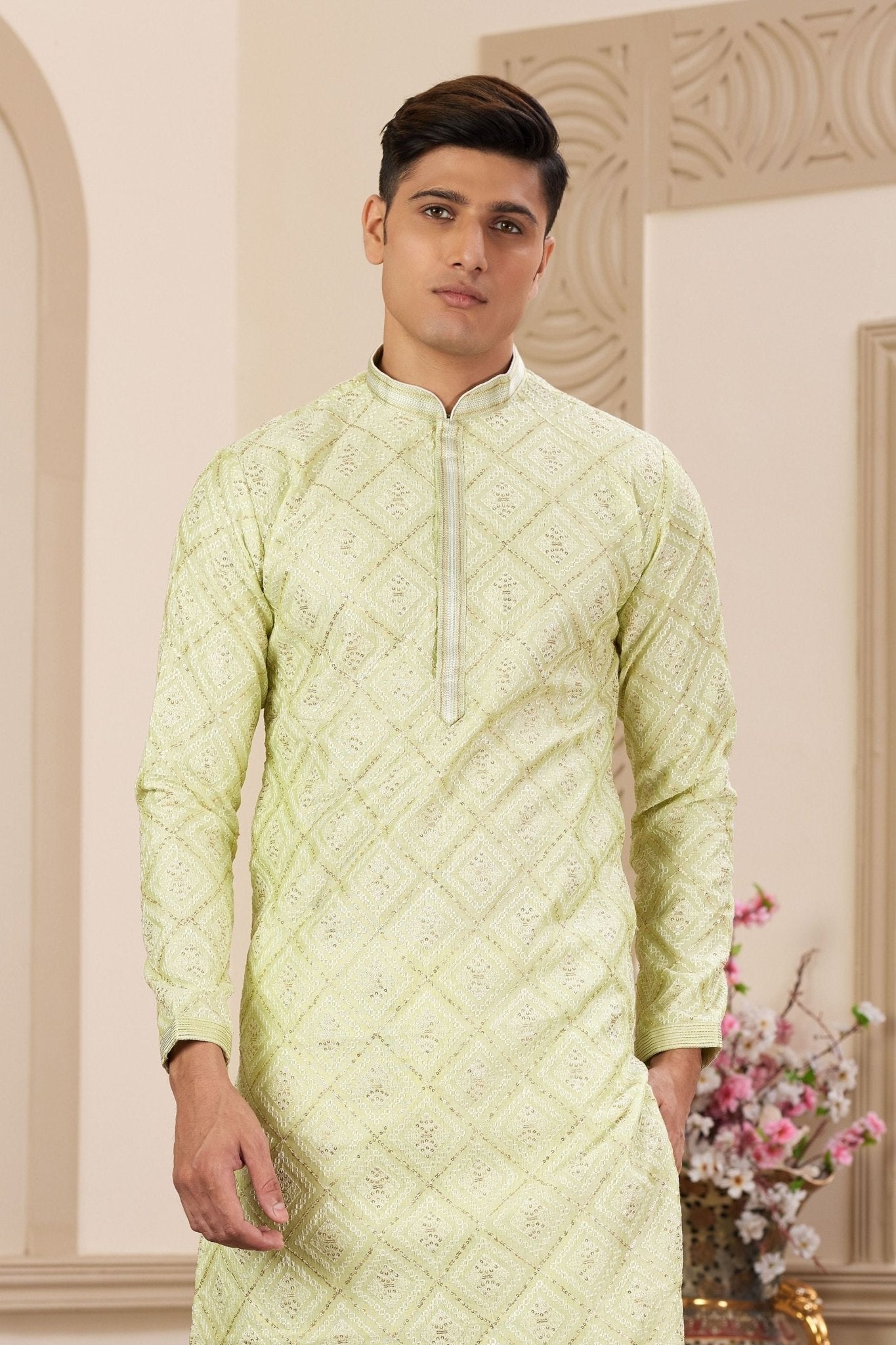 Light Green Sequin Embroidered Silk Kurta Pajama Set for Men - Mangaldeep NX