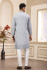 Light Grey Embroidered Kurta with White Churidar Pants for Men - Mangaldeep NX