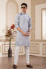 Light Grey Embroidered Kurta with White Churidar Pants for Men - Mangaldeep NX