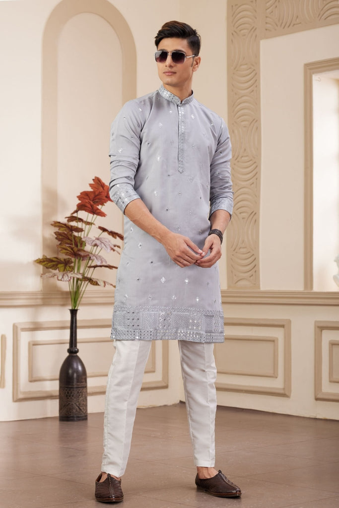 Light Grey Embroidered Kurta with White Churidar Pants for Men - Mangaldeep NX
