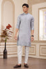 Light Grey Embroidered Kurta with White Churidar Pants for Men - Mangaldeep NX