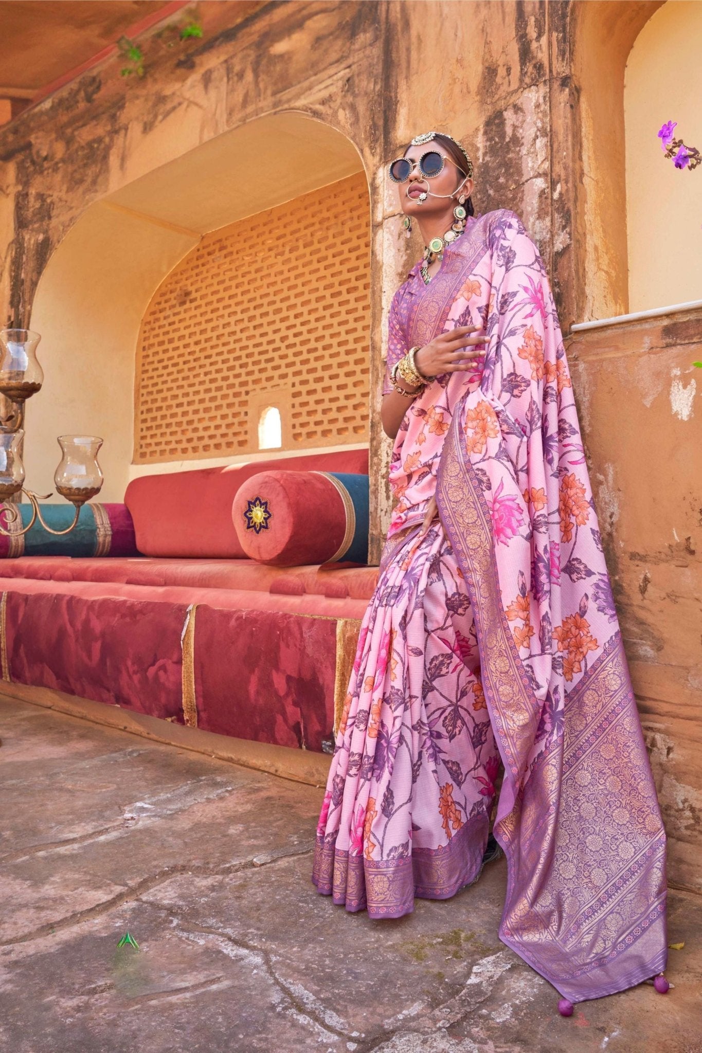 Light Pink Silk Saree with Floral Print and Zari Border - Mangaldeep NX