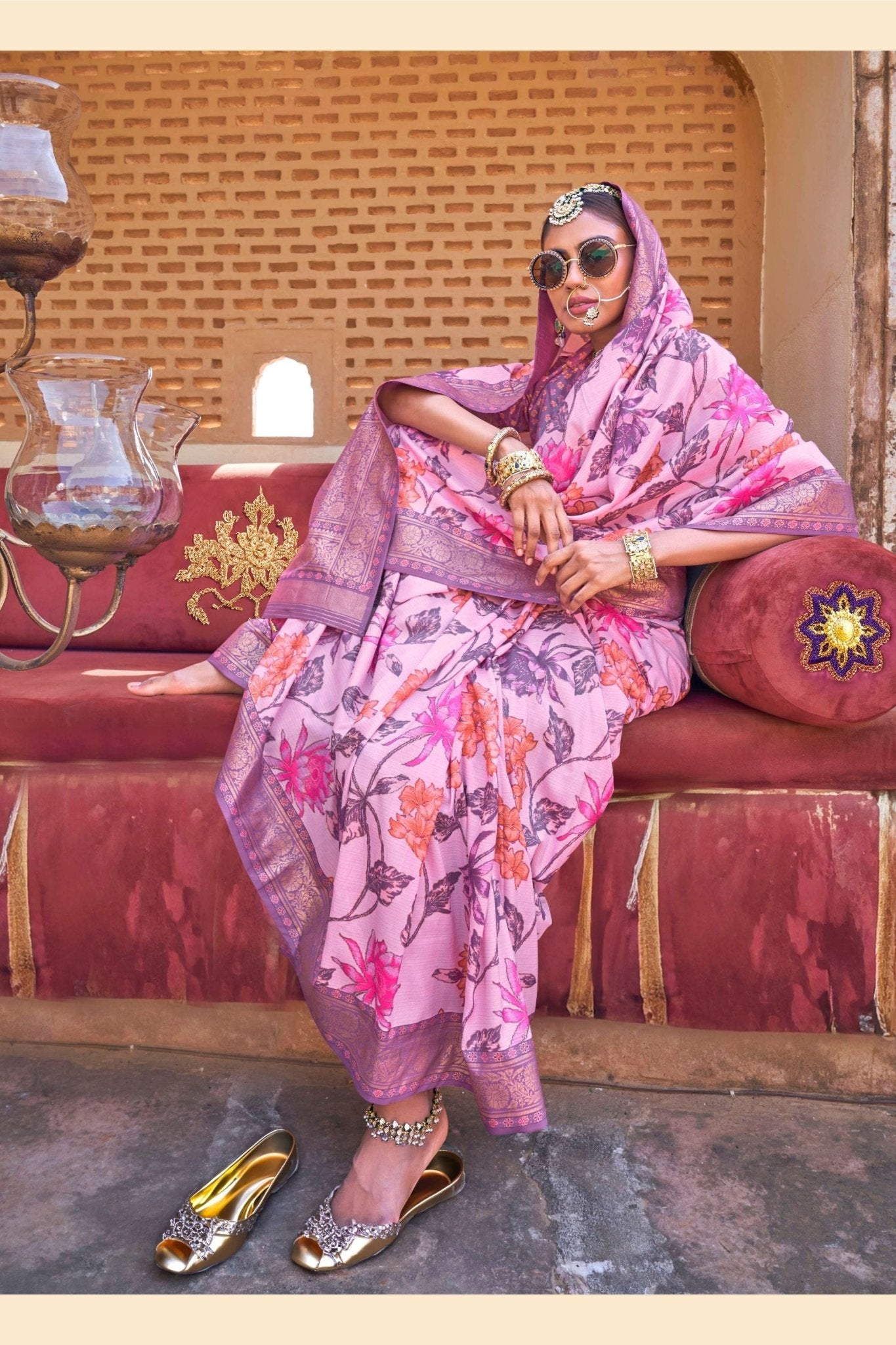 Light Pink Silk Saree with Floral Print and Zari Border - Mangaldeep NX