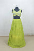 Lime Green Embroidered Lehenga Choli with Mirror Work and Blue Border Dupatta - Mangaldeep NX