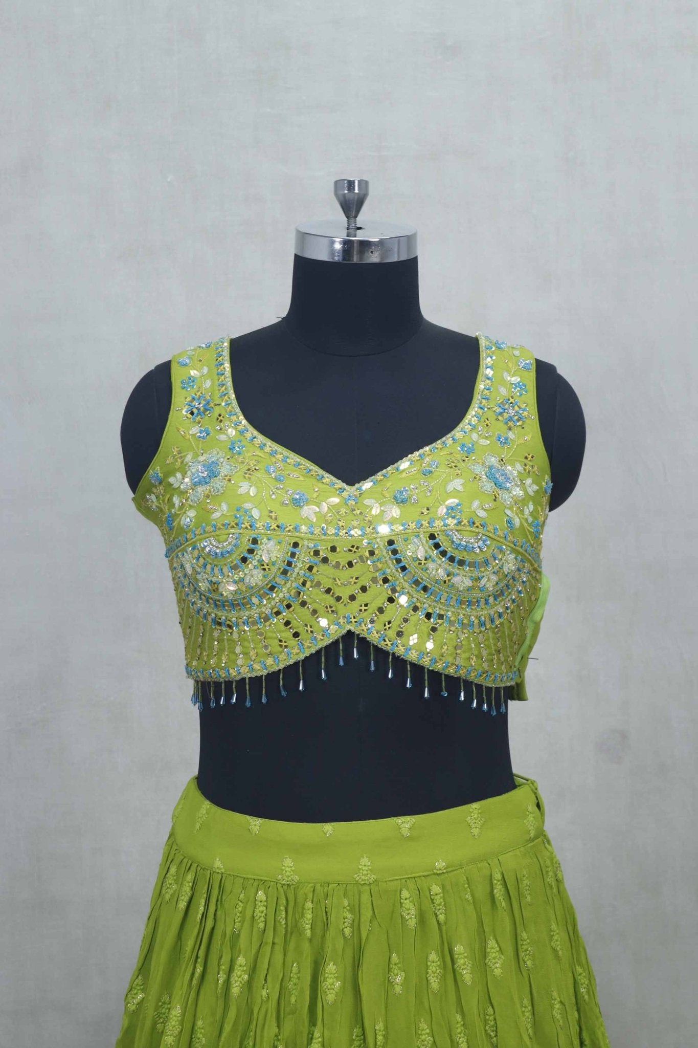 Lime Green Embroidered Lehenga Choli with Mirror Work and Blue Border Dupatta - Mangaldeep NX