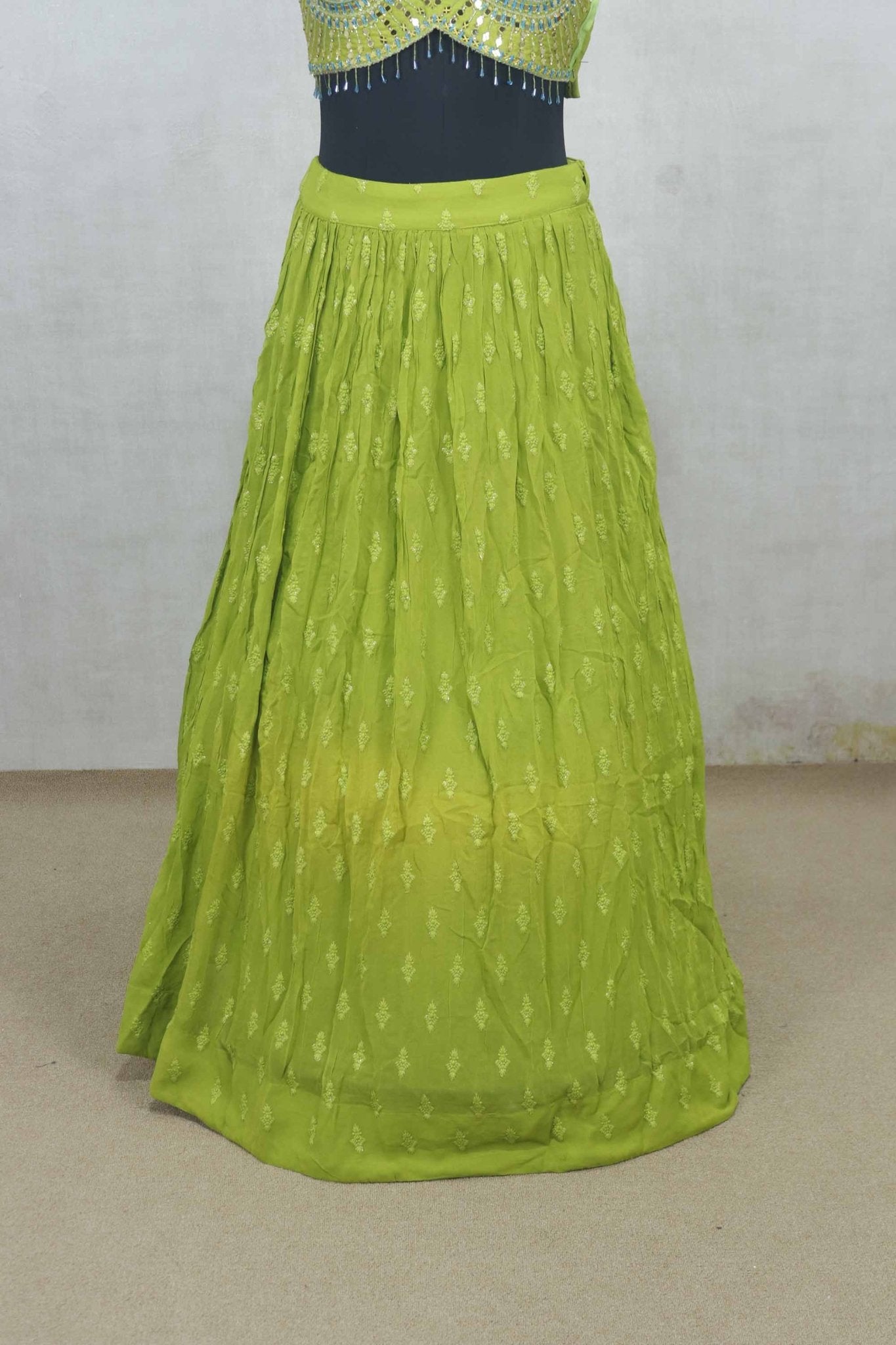 Lime Green Embroidered Lehenga Choli with Mirror Work and Blue Border Dupatta - Mangaldeep NX