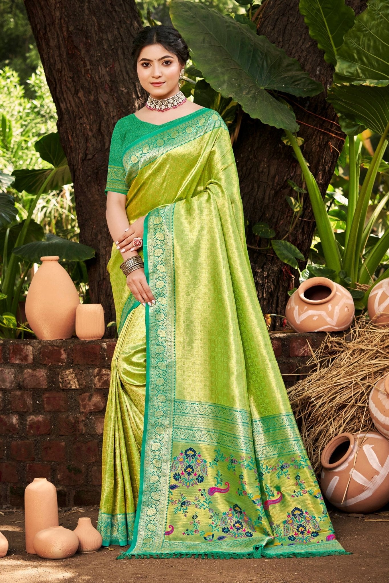 Lime Green Kanjivaram Silk Saree with Turquoise Zari Woven Border and Floral Pallu - Mangaldeep NX