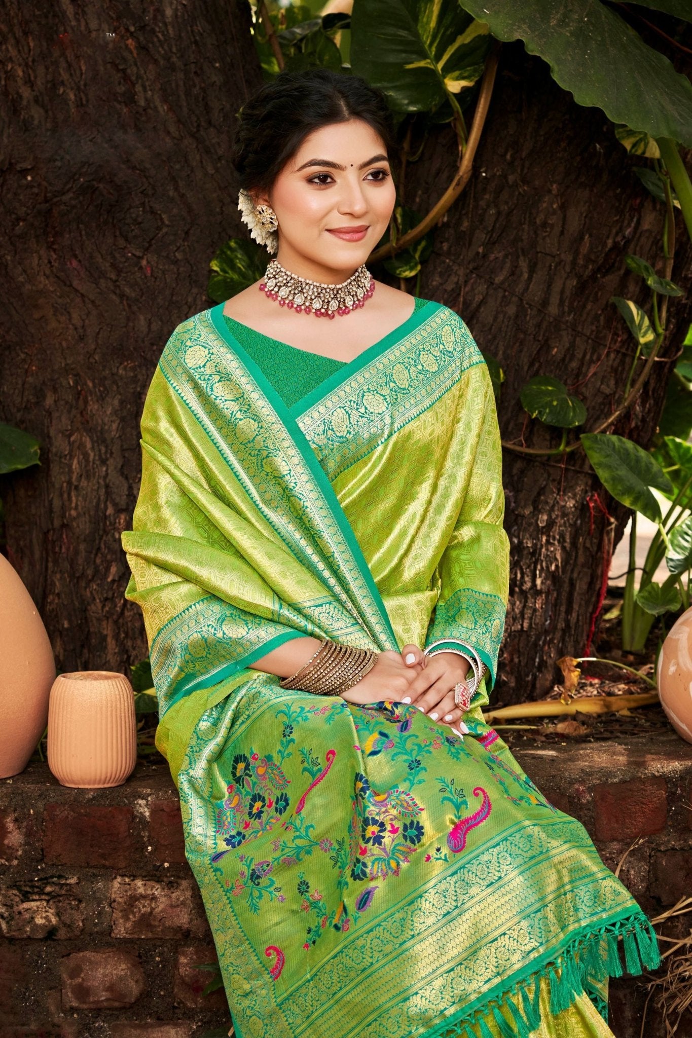 Lime Green Kanjivaram Silk Saree with Turquoise Zari Woven Border and Floral Pallu - Mangaldeep NX