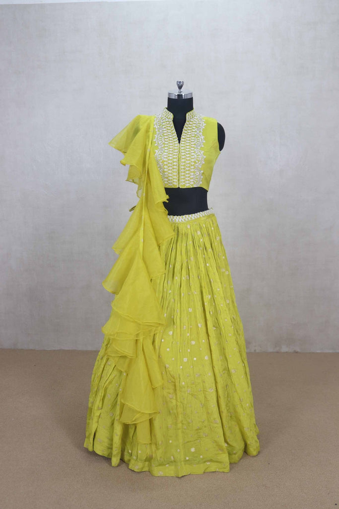 Lime Green Mirror Work Lehenga Choli with Ruffle Dupatta - Mangaldeep NX