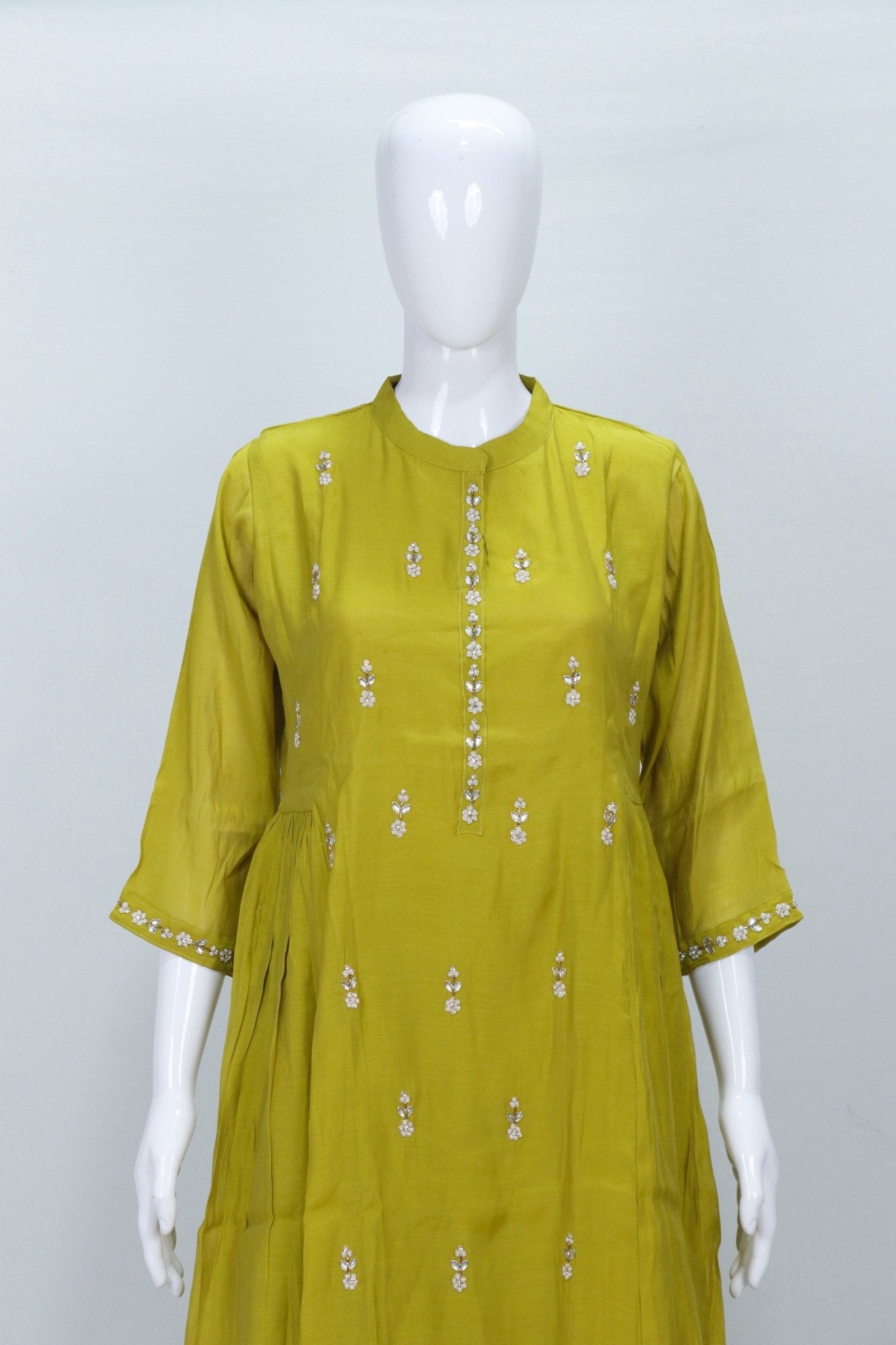 Lime Green Silk Blend Kurta Set with Mirror Work Dupatta - Mangaldeep NX