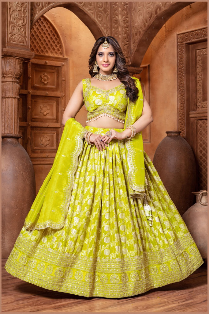 Lime Green Silk Bridal Lehenga Choli with Zari and Sequin Embroidery - Mangaldeep NX