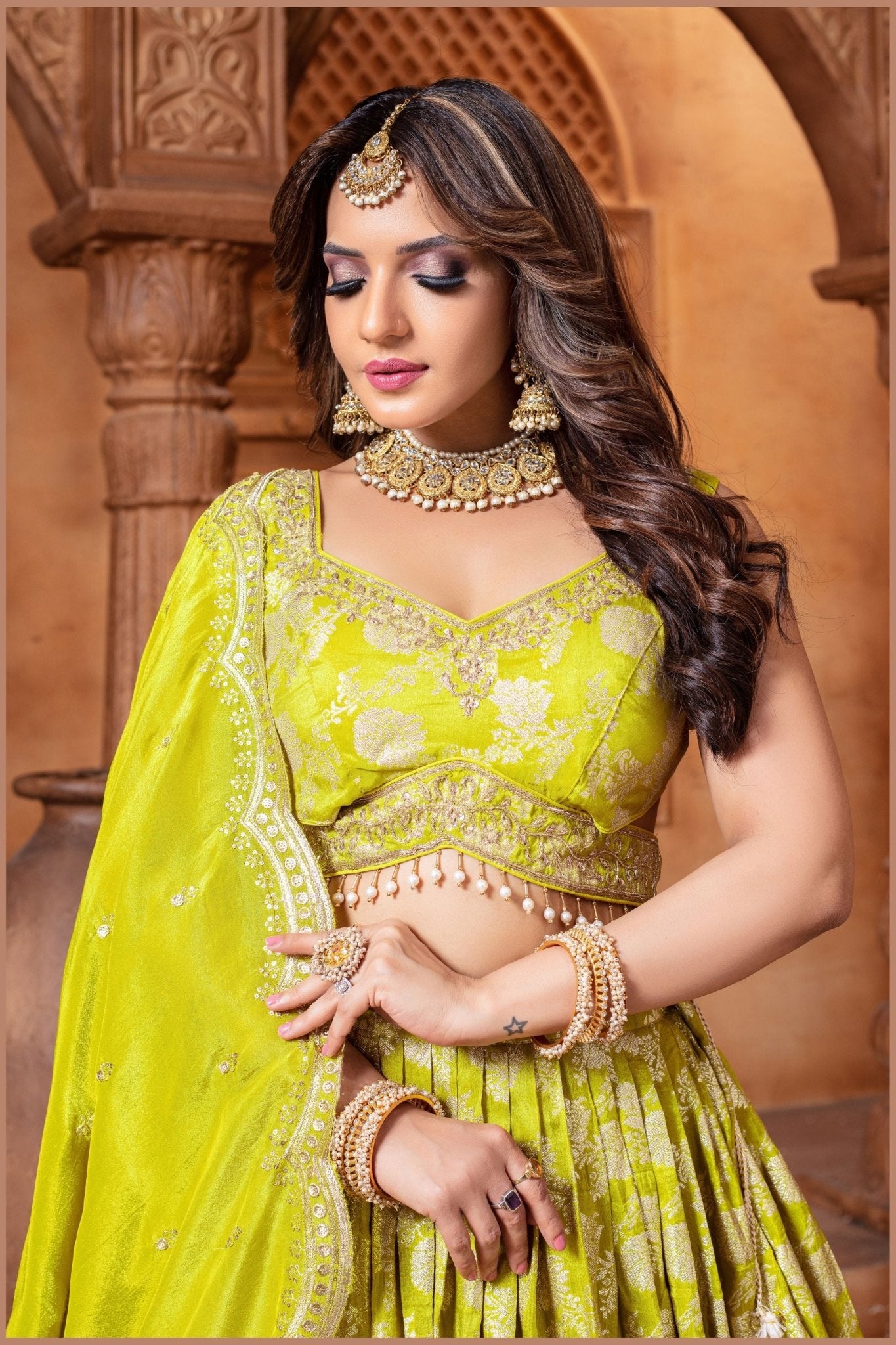 Lime Green Silk Bridal Lehenga Choli with Zari and Sequin Embroidery - Mangaldeep NX
