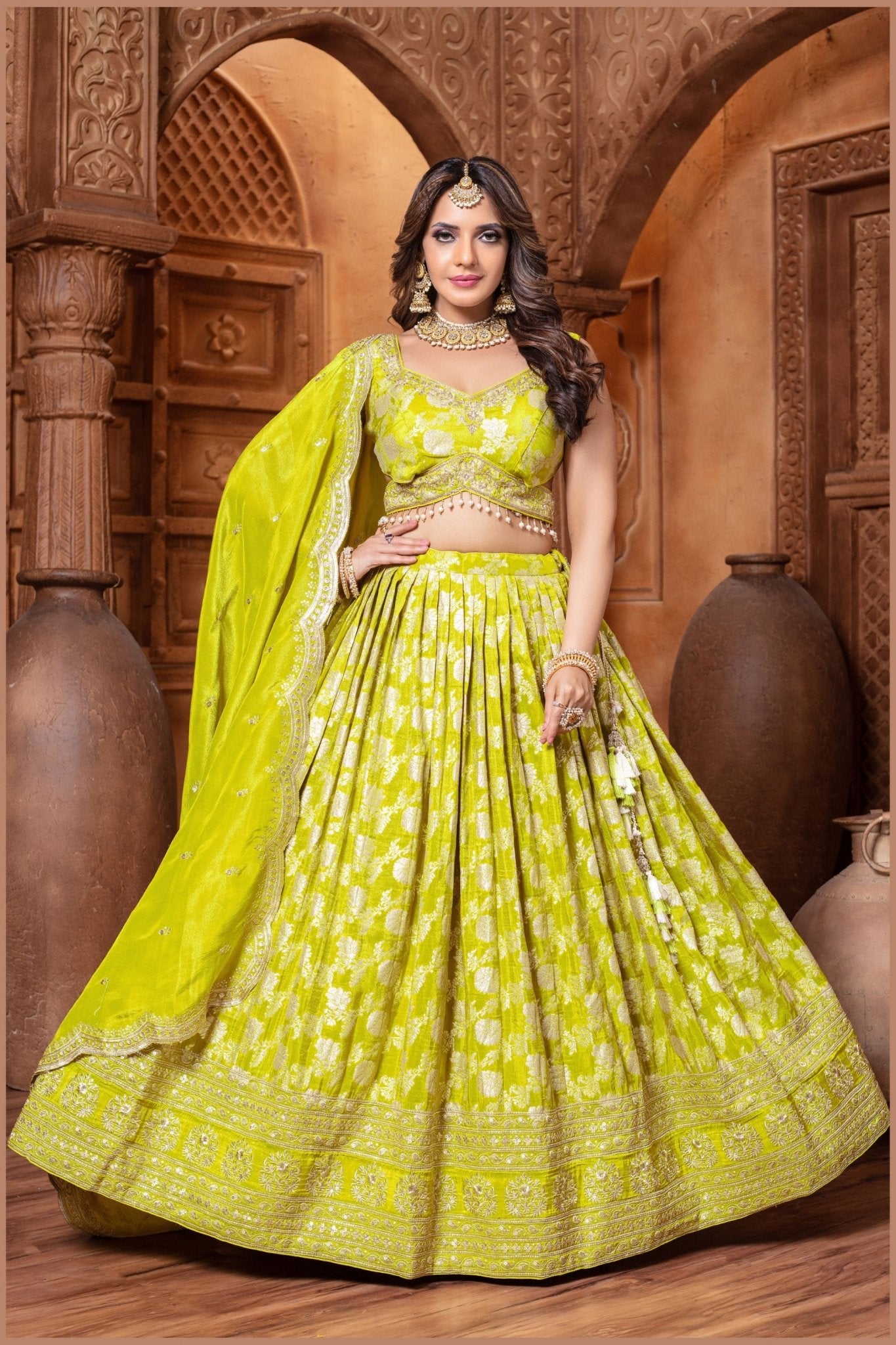 Lime Green Silk Bridal Lehenga Choli with Zari and Sequin Embroidery - Mangaldeep NX