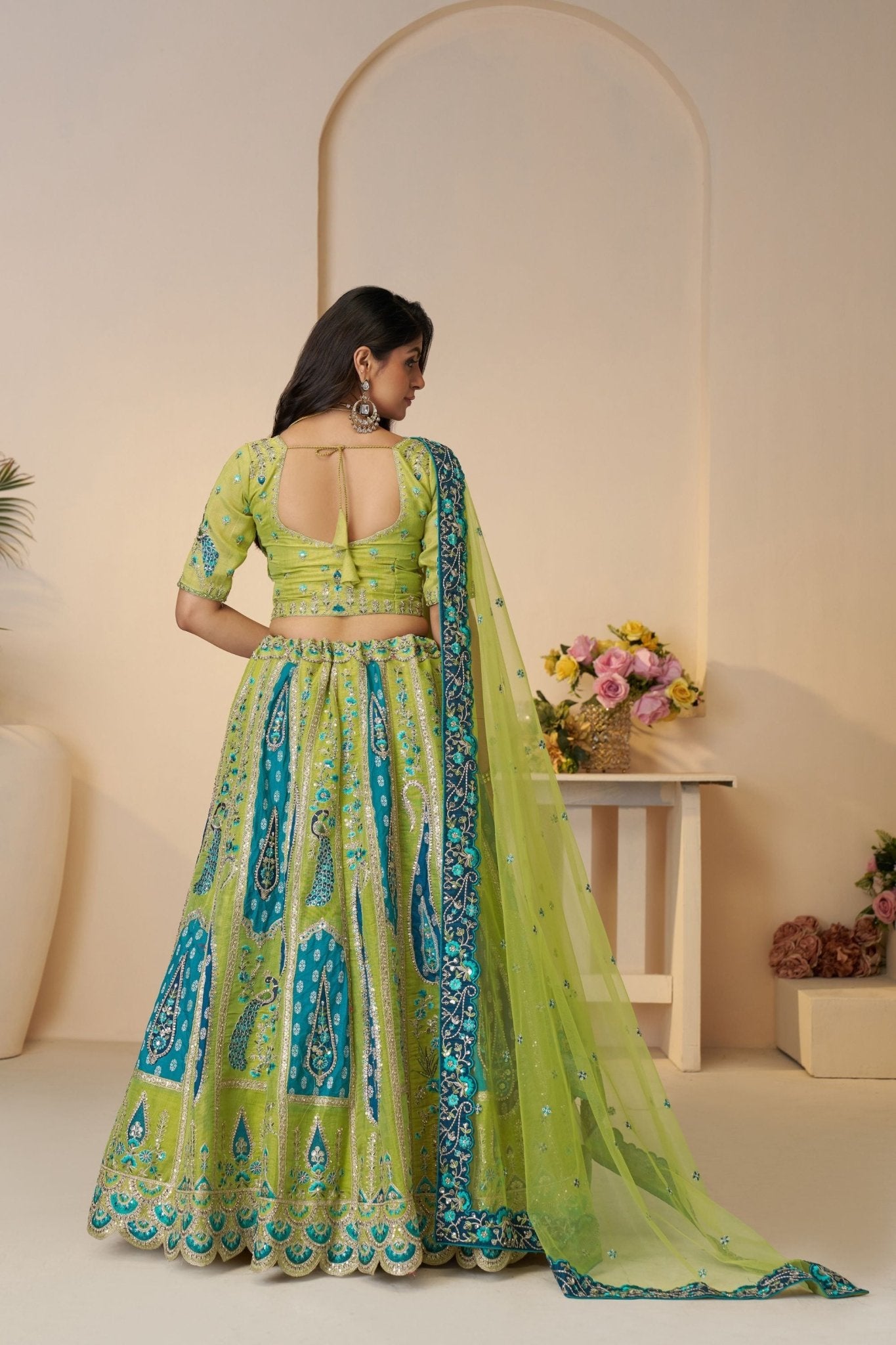Lime Green & Teal Blue Embroidered Lehenga Choli with Dupatta - Mangaldeep NX