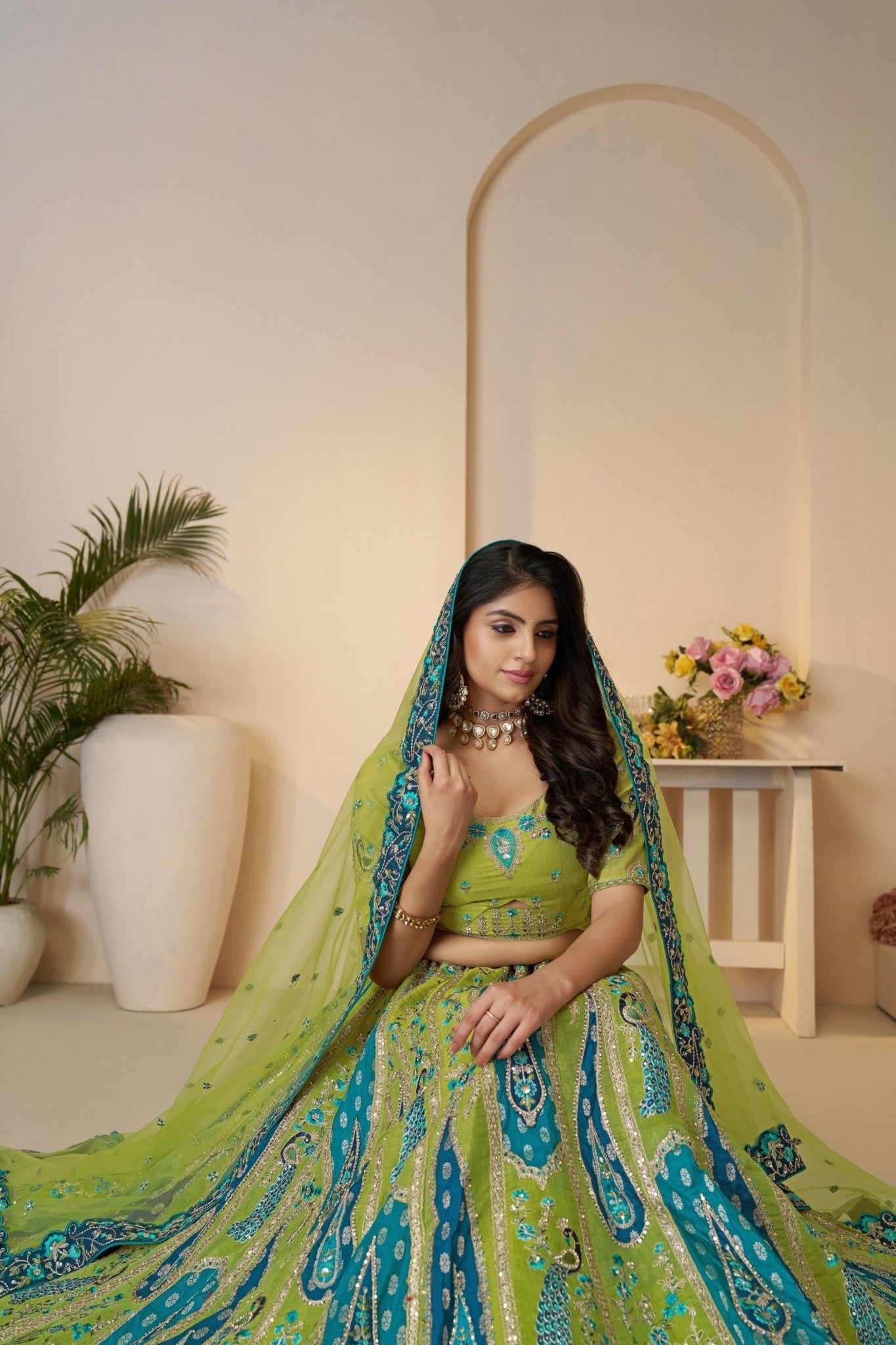 Lime Green & Teal Blue Embroidered Lehenga Choli with Dupatta - Mangaldeep NX