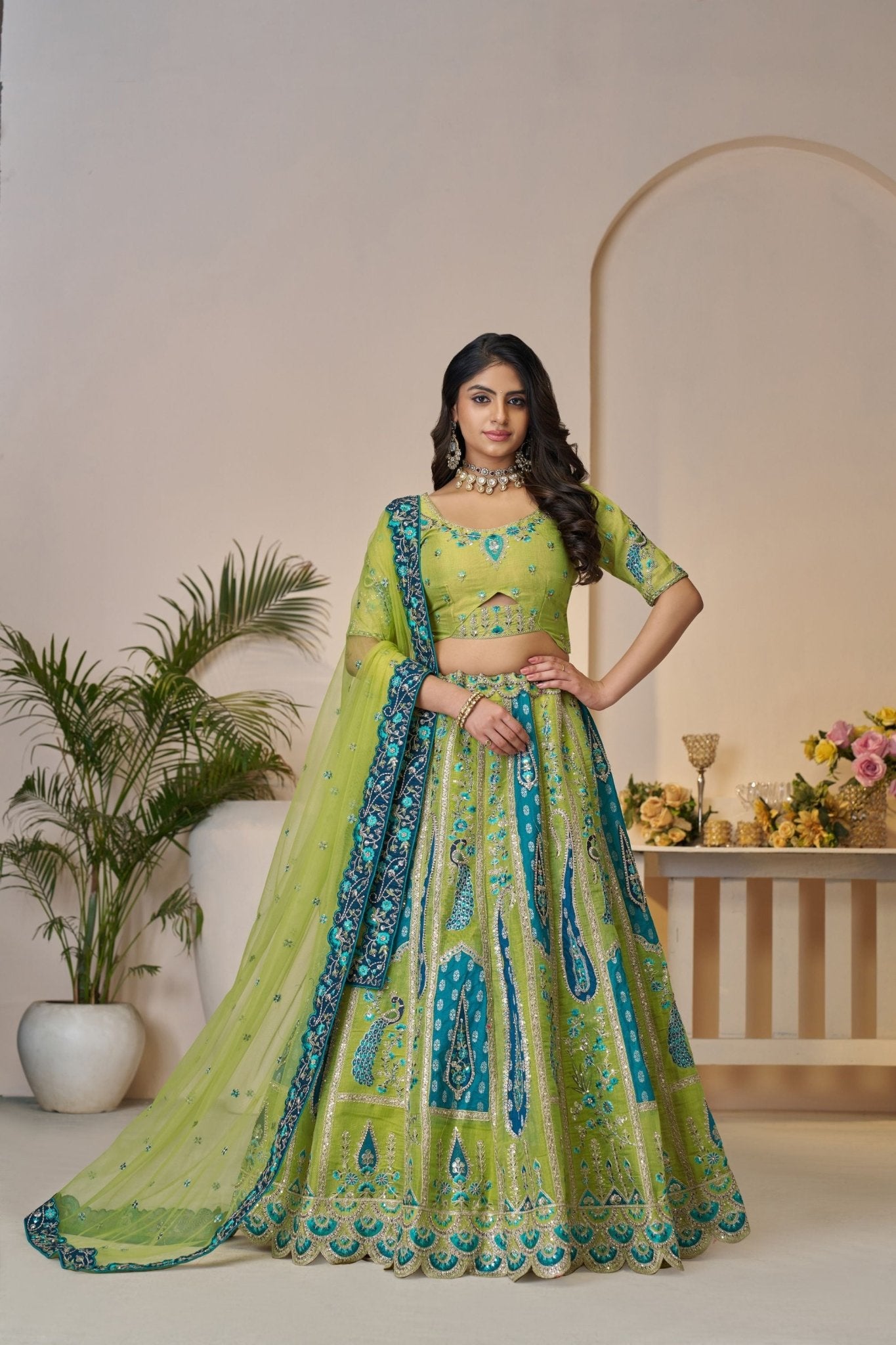 Lime Green & Teal Blue Embroidered Lehenga Choli with Dupatta - Mangaldeep NX