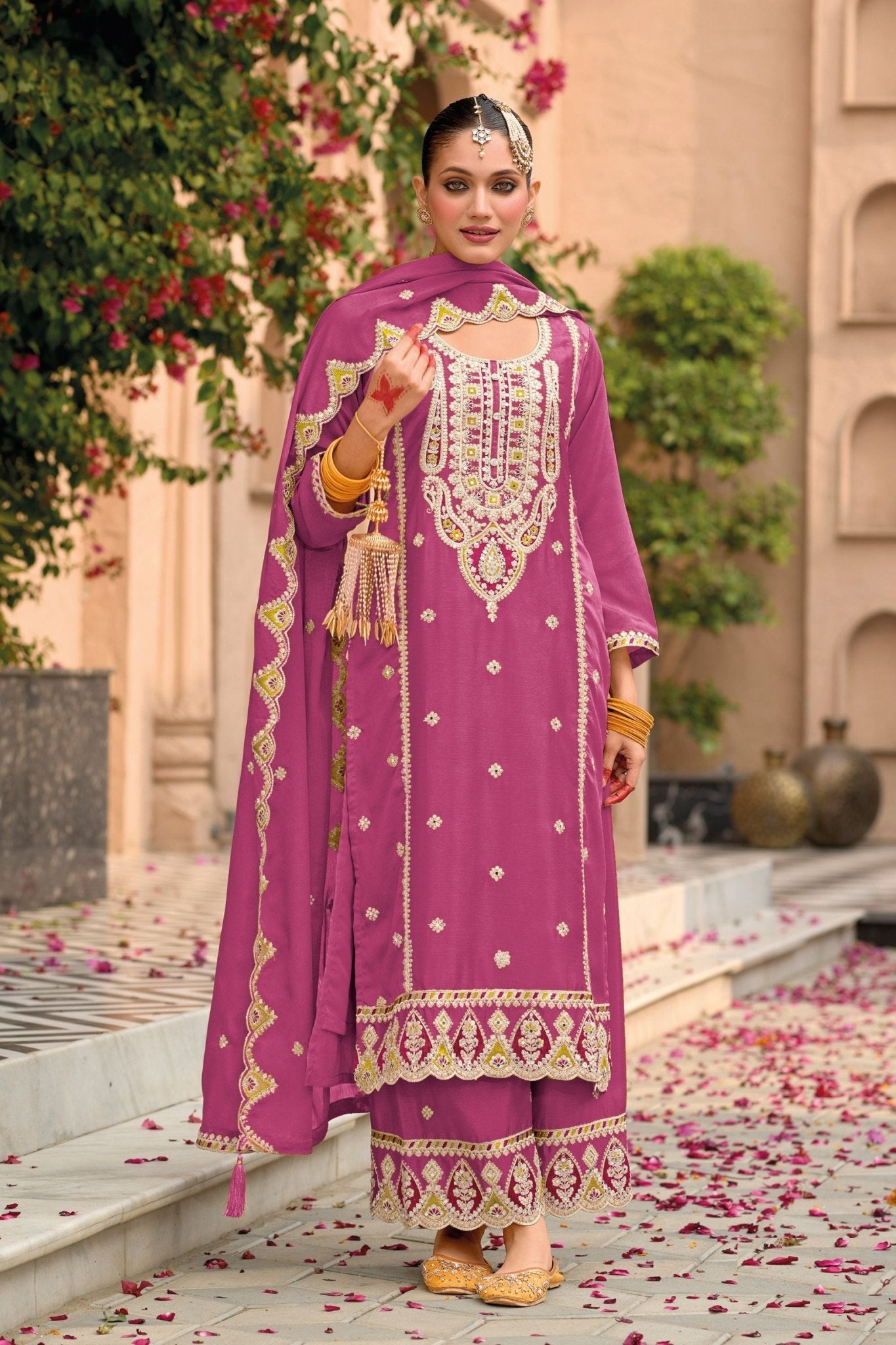 Lovely Chinon Silk Wedding Salwar Suit In Pink With Thread Work - Mangaldeep NX