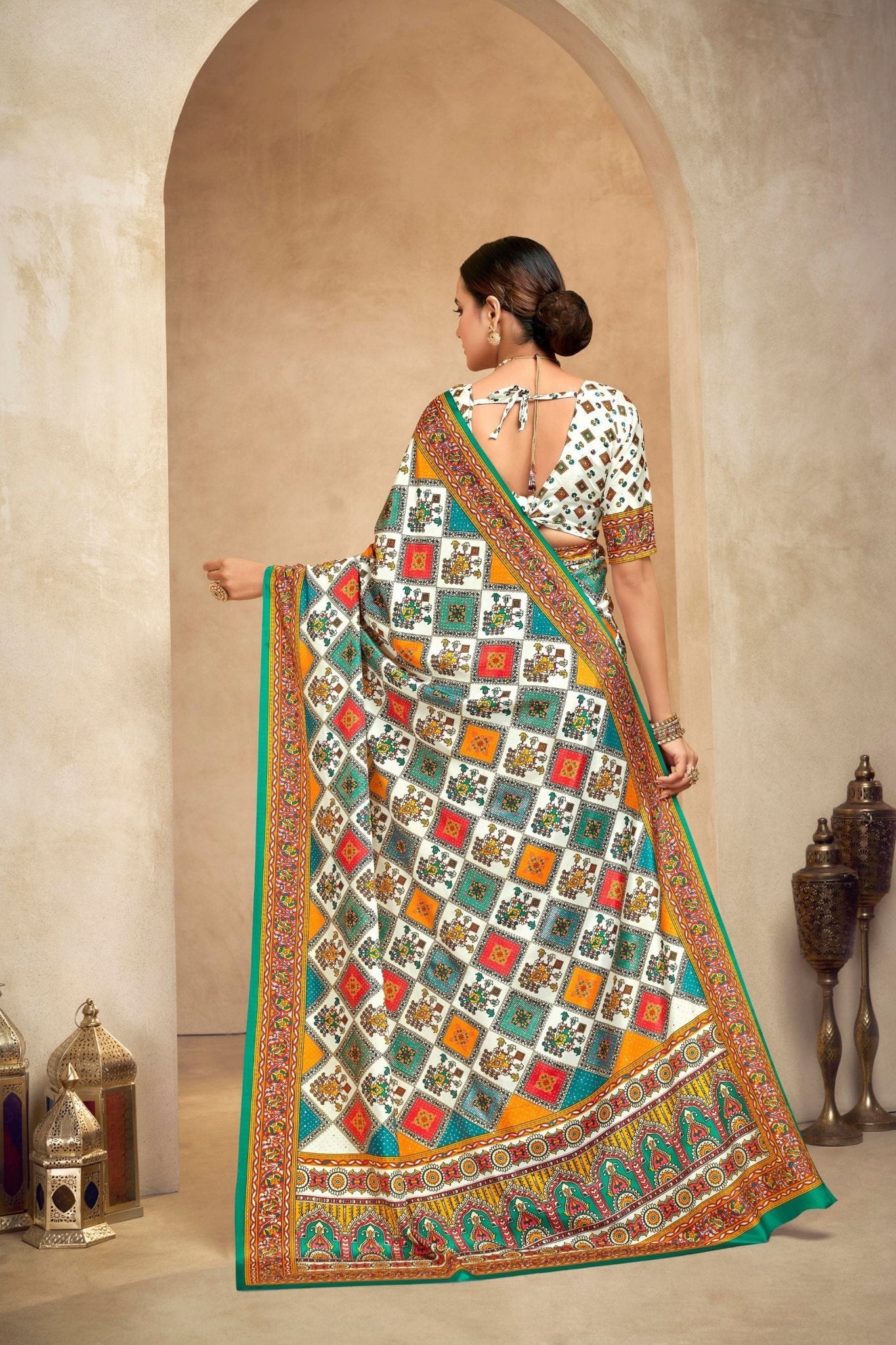 Lovely Cream and Multicolor Bandhani Printed Saree with Traditional Geometric Motifs - Mangaldeep NX