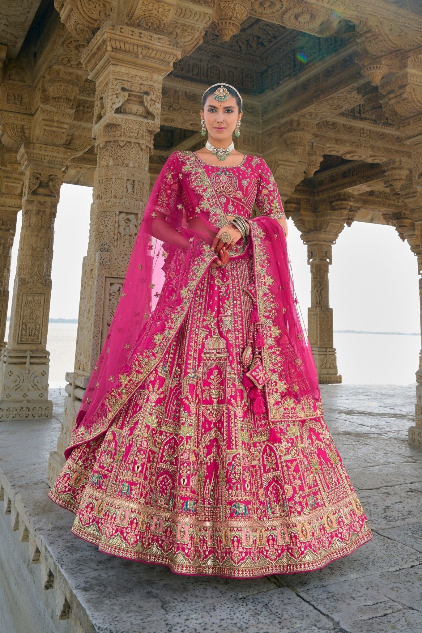 Lovely Fuchsia Pink Bridal Lehenga Choli with Heavy Zari and Intricate Embroidery - Mangaldeep NX