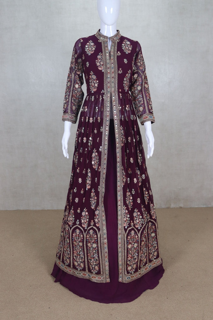 Luxurious Maroon Floor - Length Embroidered Jacket Lehenga Choli - Mangaldeep NX