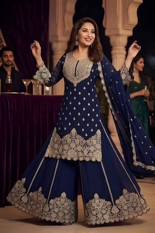 Elegant Navy Blue Georgette Embroidered Readymade Palazzo Suit with Dupatta for Women