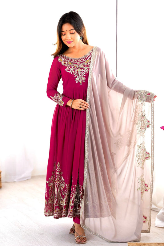 Magenta Anarkali Suit with Heavy Embroidery and Grey Net Dupatta for Women - Mangaldeep NX