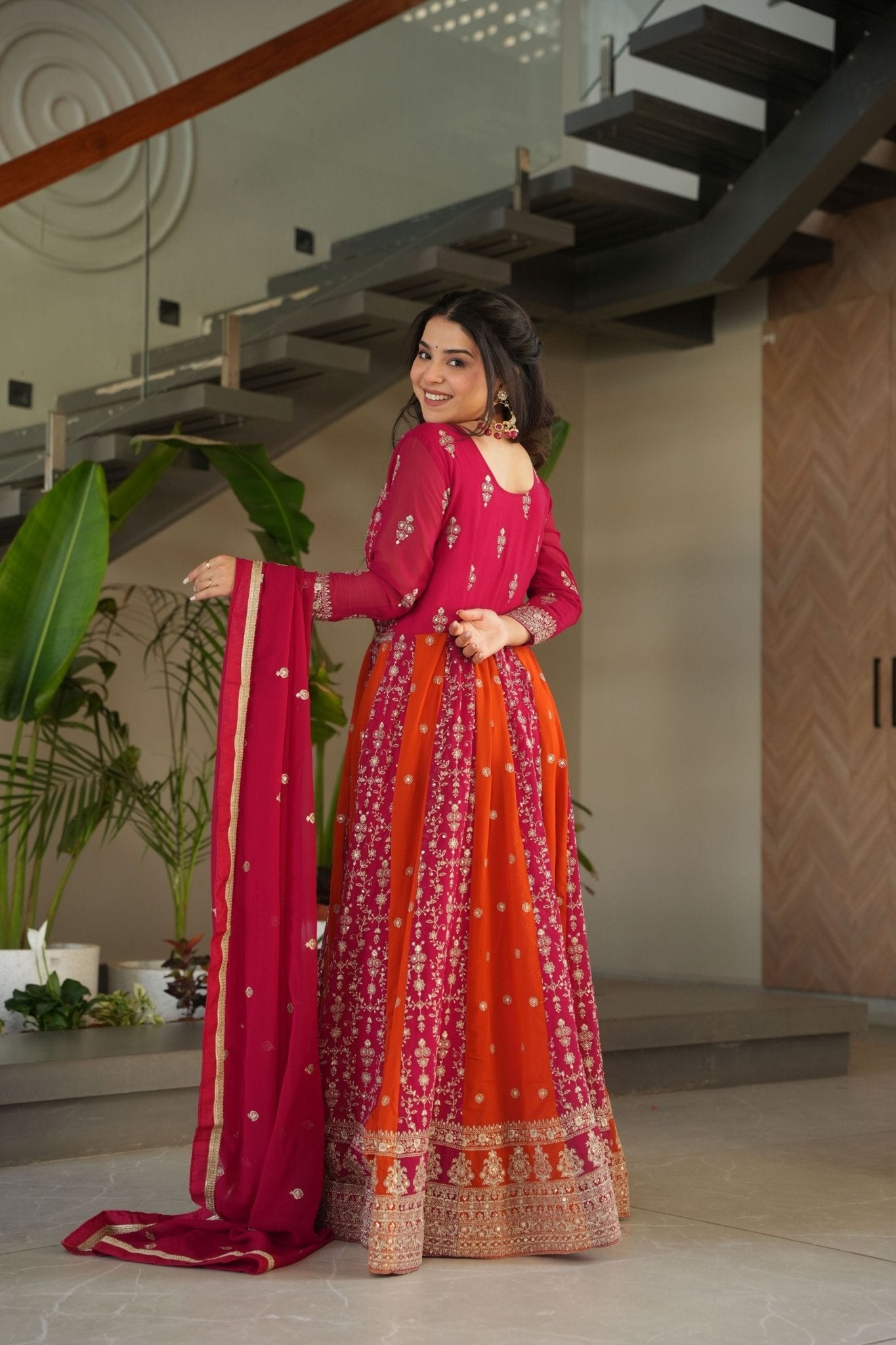 Magenta and Orange Embroidered Anarkali Suit with Dupatta for Festival - Mangaldeep NX