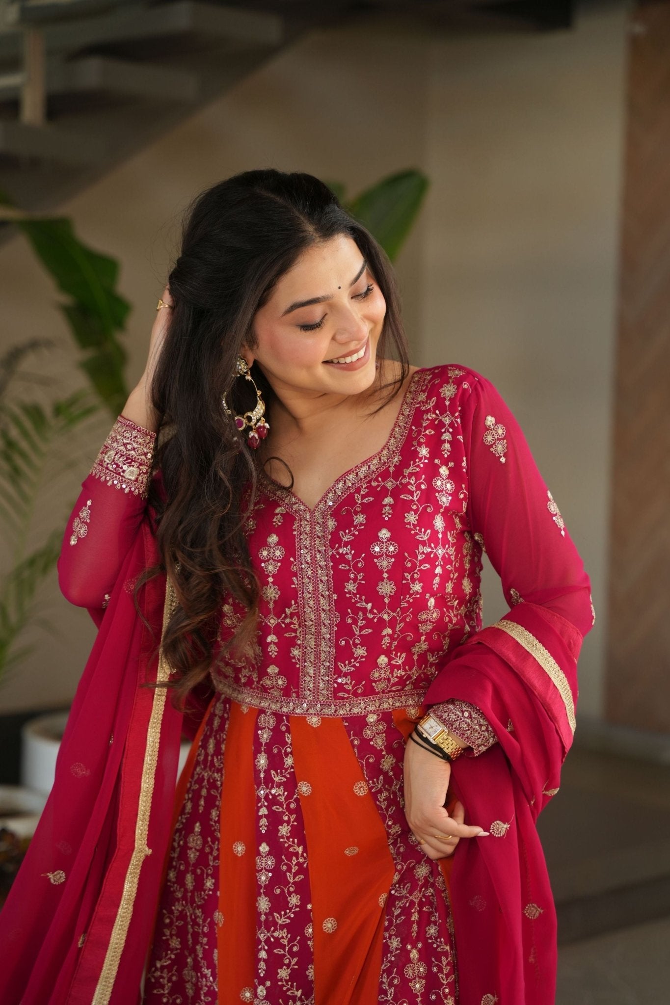 Magenta and Orange Embroidered Anarkali Suit with Dupatta for Festival - Mangaldeep NX