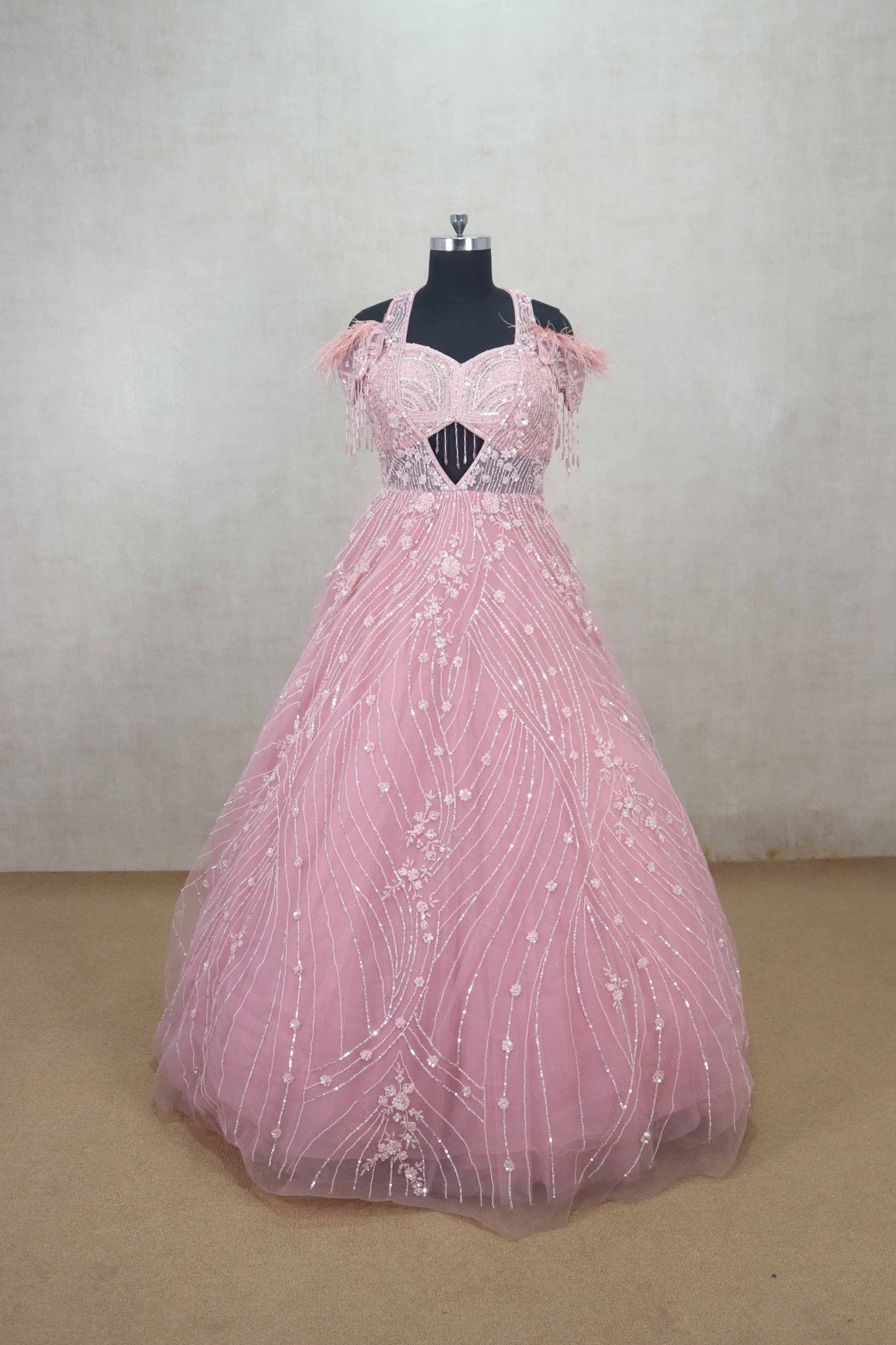 Majesty Pink Feathered Net Gown with Floral Sequin Embroidery - Mangaldeep NX