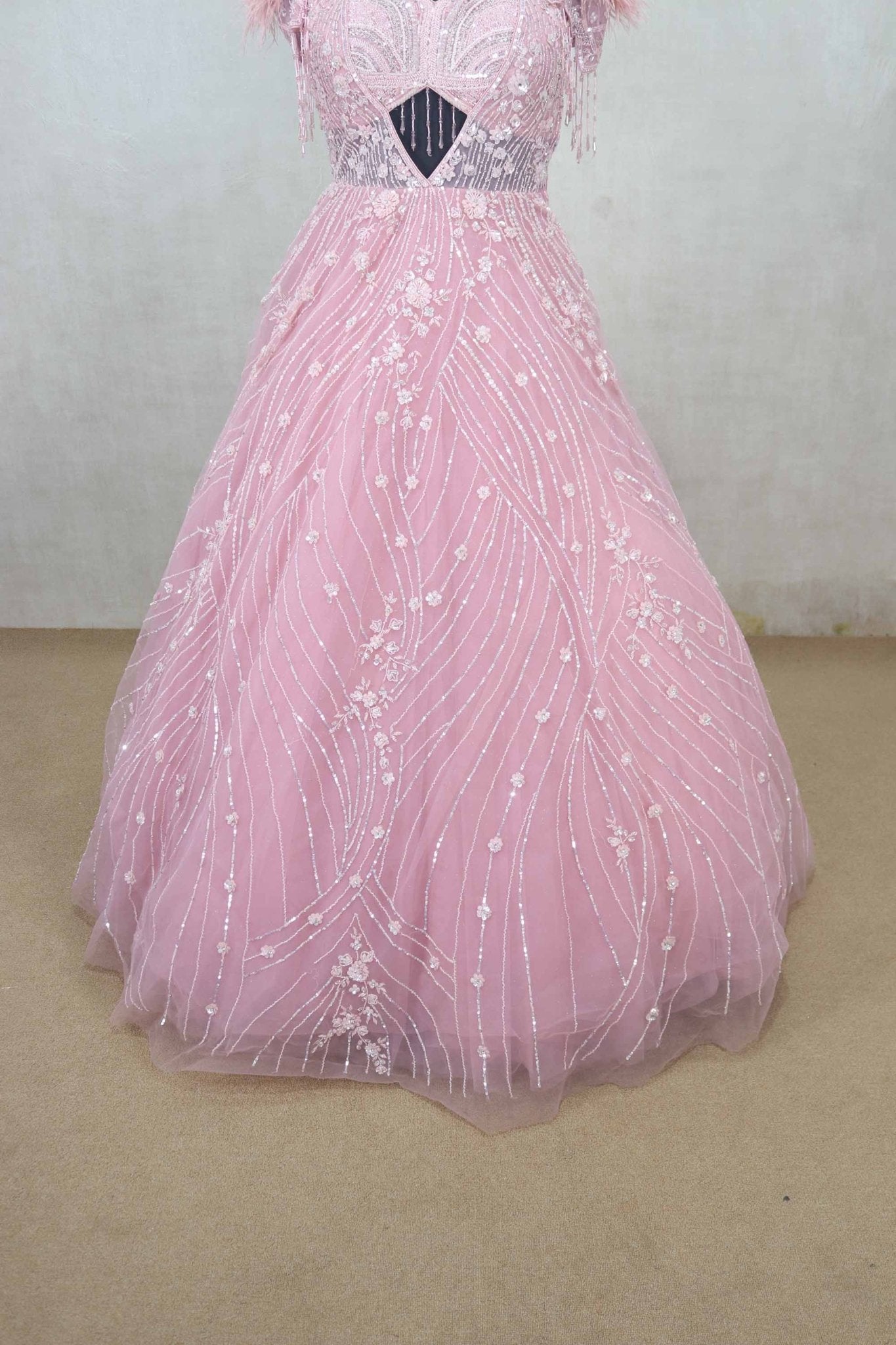 Majesty Pink Feathered Net Gown with Floral Sequin Embroidery - Mangaldeep NX