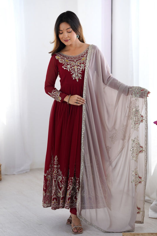 Maroon Anarkali Suit with Heavy Embroidery and Grey Net Dupatta - Mangaldeep NX